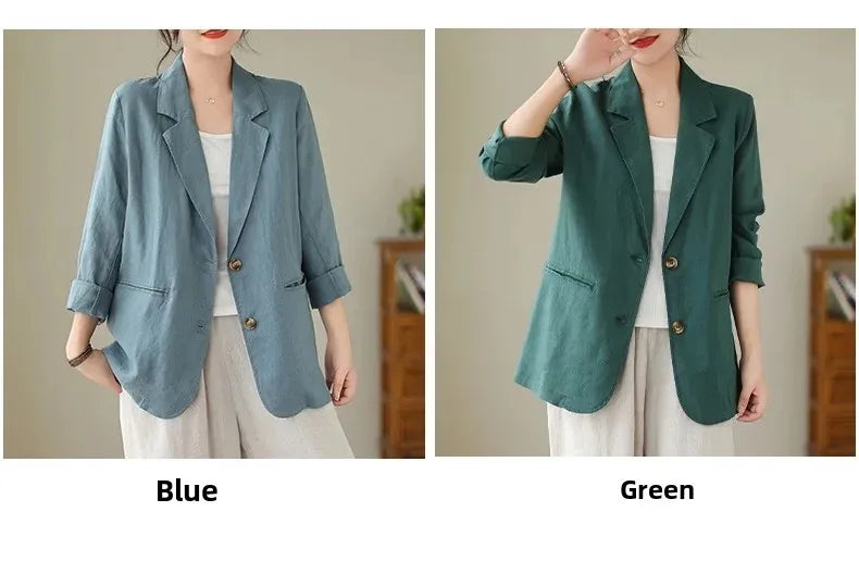 Blazer d'été à manches longues en coton et lin d'inspiration vintage avec col à revers