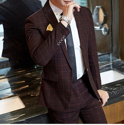 Men's Casual One-Button Plaid Two-Piece Set