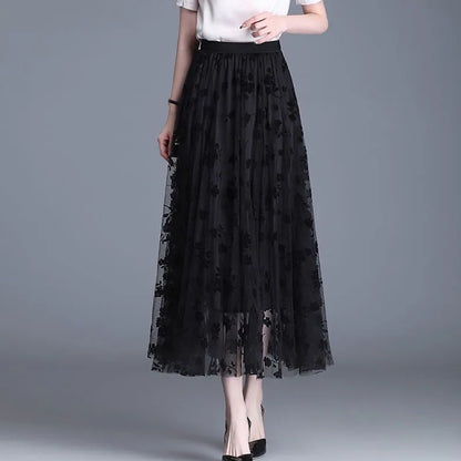 Korean Mesh Midi Skirt with Flowers