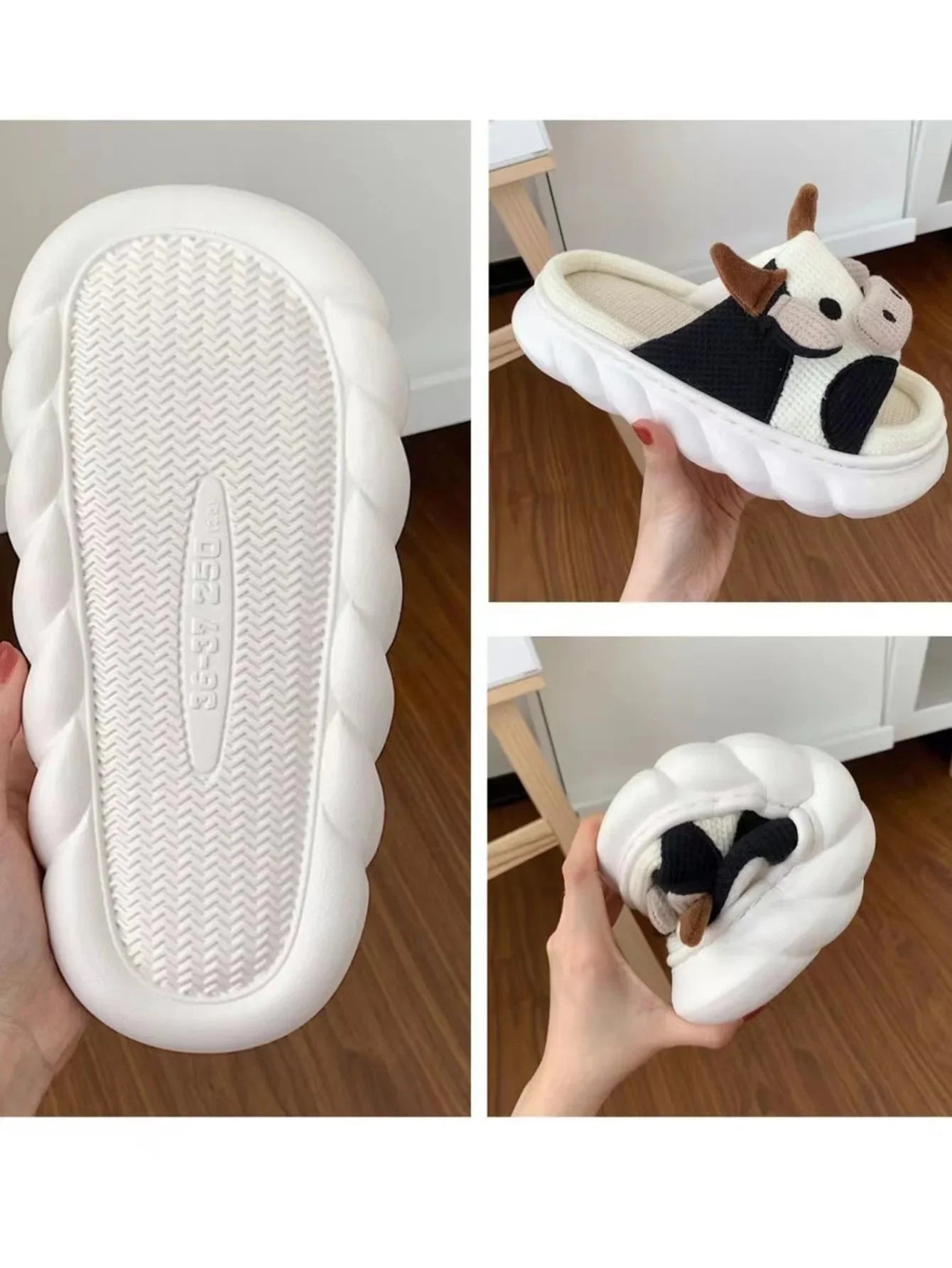 Rutschfeste, süße Leinen-Hausschuhe mit Cartoon-Kuh-Motiv