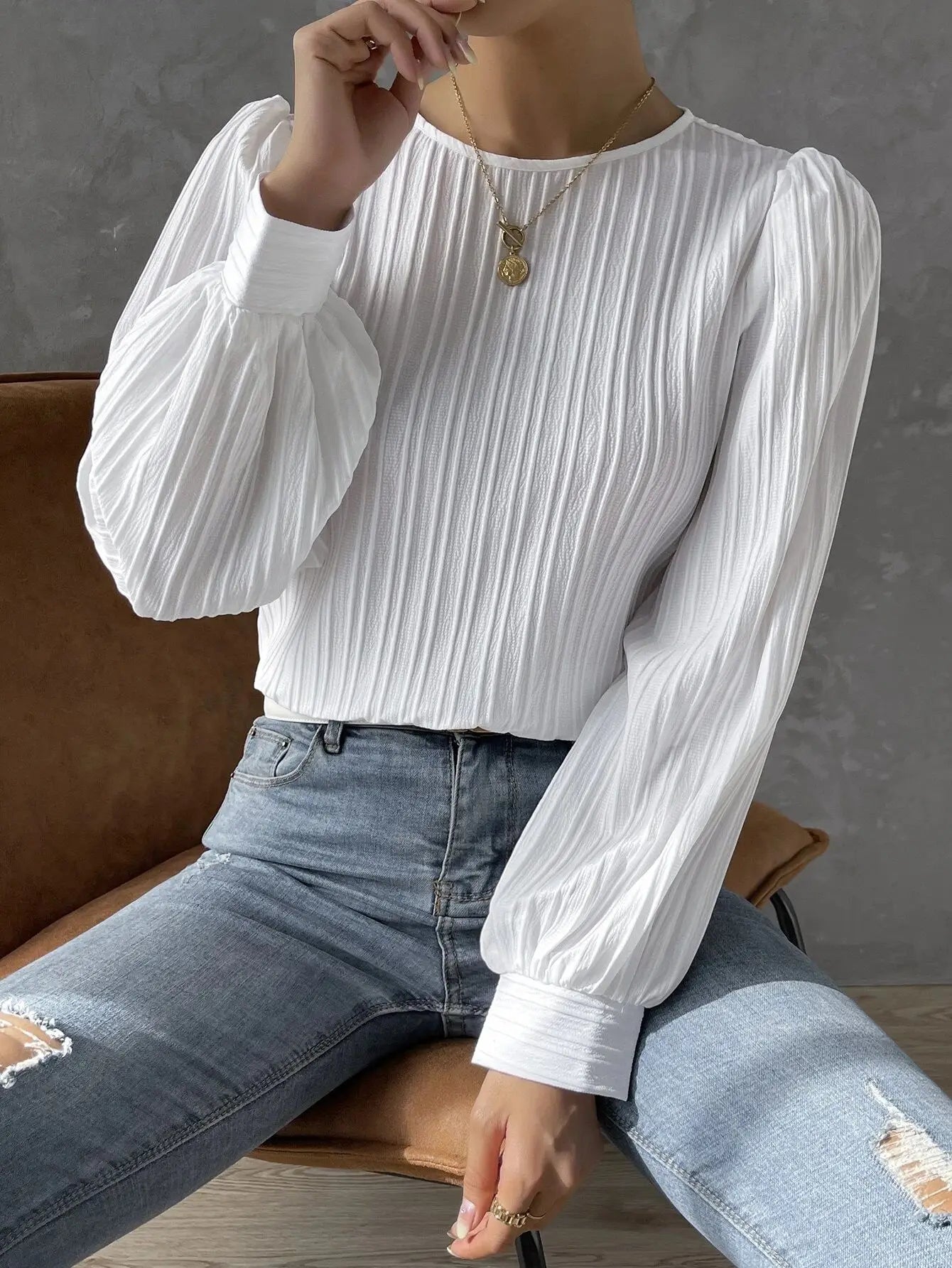 Round Neck Long Sleeve Shirts - White Women's Blouses