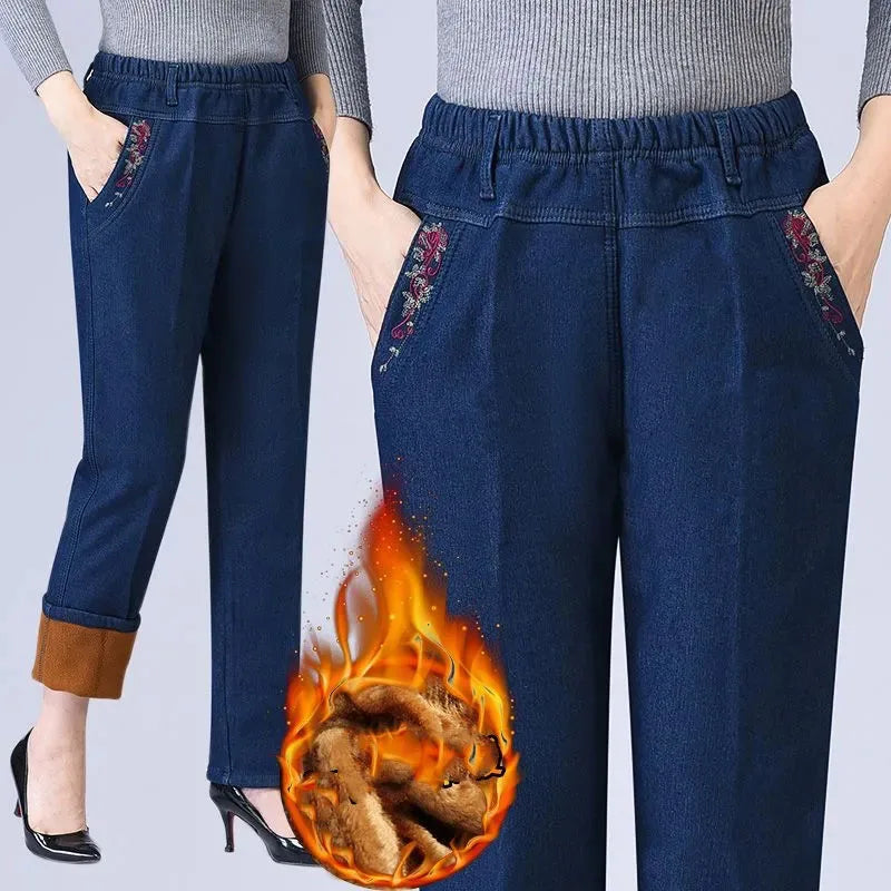 Cozy Plush Velvet Lined High Waist Mom Jeans