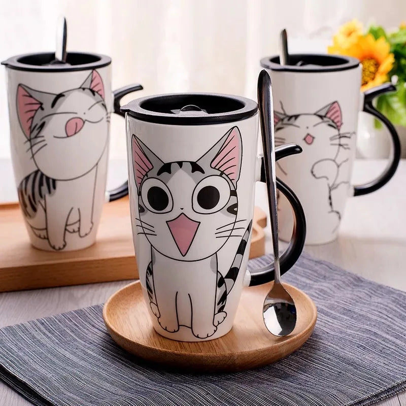 Tasse en céramique créative pour chat de 600 ml avec couvercle et cuillère