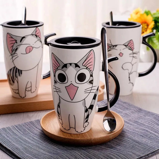 Tasse en céramique créative pour chat de 600 ml avec couvercle et cuillère