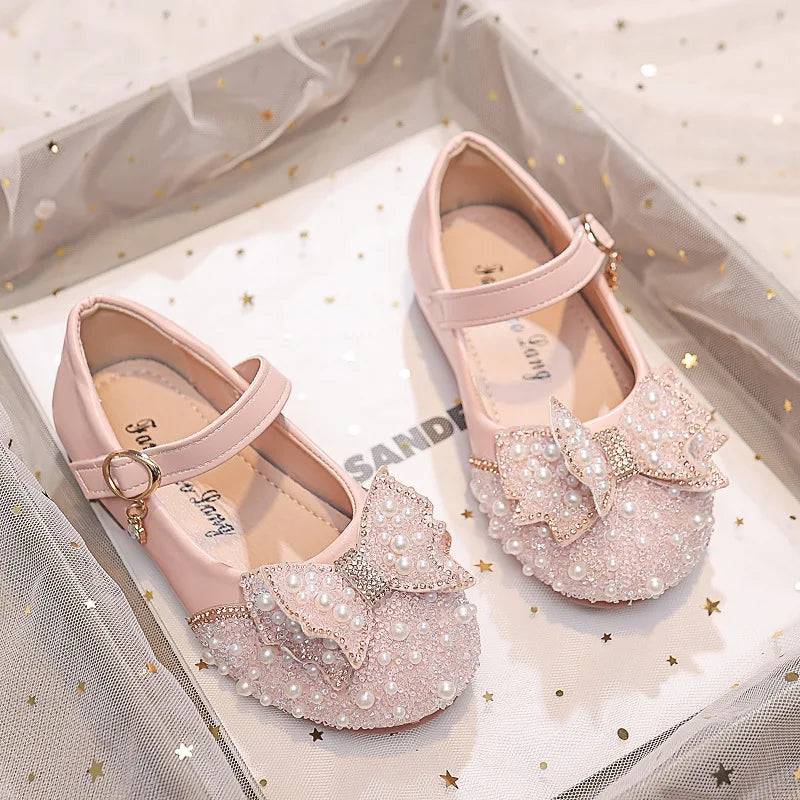 Chaussures de princesse à strass et nœud en perles pour petites filles