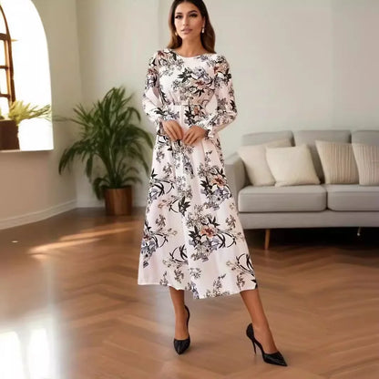 Women Maxi Dresses - Casual Full Sleeve Floral Printed O-neck Woman Bohe Beach Party Long Dress