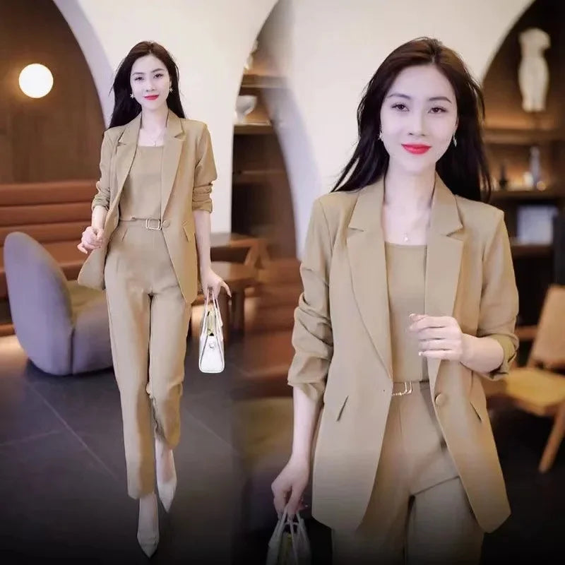 Women's Black Blazer and Wide Leg Pants Suit for Autumn Winter
