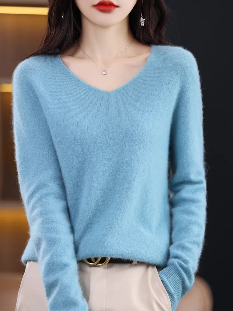 Aliselect Women's V-Neck Merino Wool Sweater