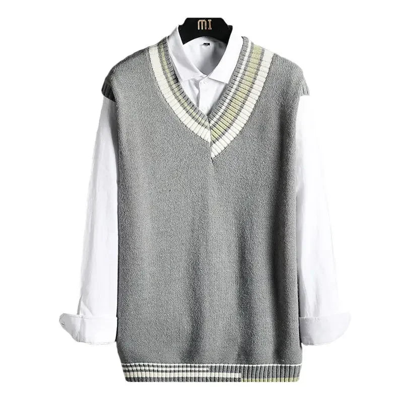 Men's Green V-neck Retro Knit Sweater Vest