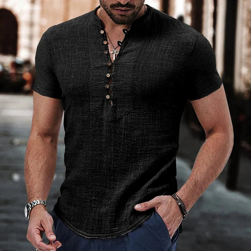 Men's Short Sleeve T Shirt - V neck Cotton Linen Tops