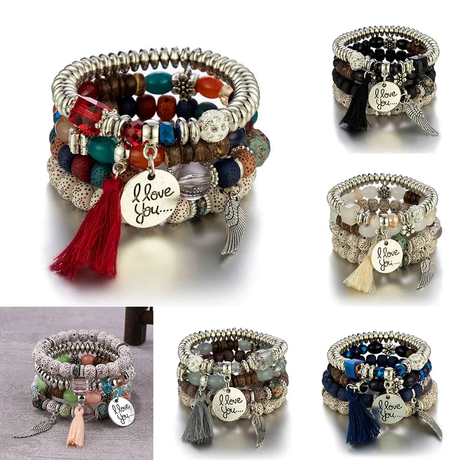 Ensemble de bracelets de perles de pierre à pampilles et plumes pour femmes