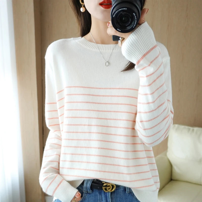 100% Cotton Striped Sweater - Loose Fit Style