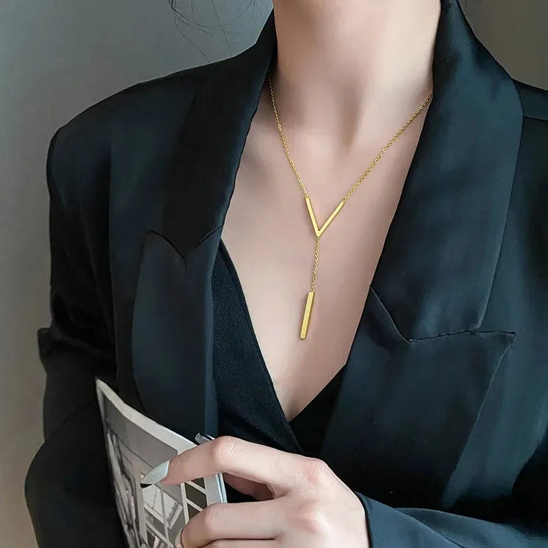 Ladies' Stainless Steel V-Shape Stick Pendant Long Chain Necklace