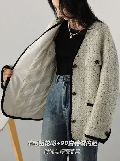 Vintage V-Neck Woolen Down Jacket for Women