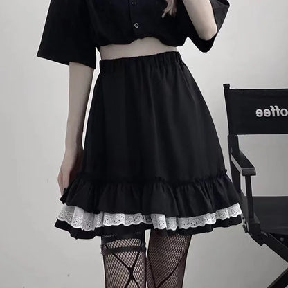 Goth Lace Ruffle Mini Pleated Skirt
