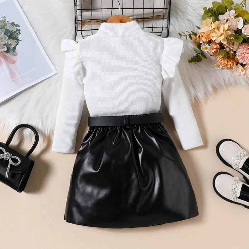 Girls' Ruffle T-Shirt & Leather Skirt Set