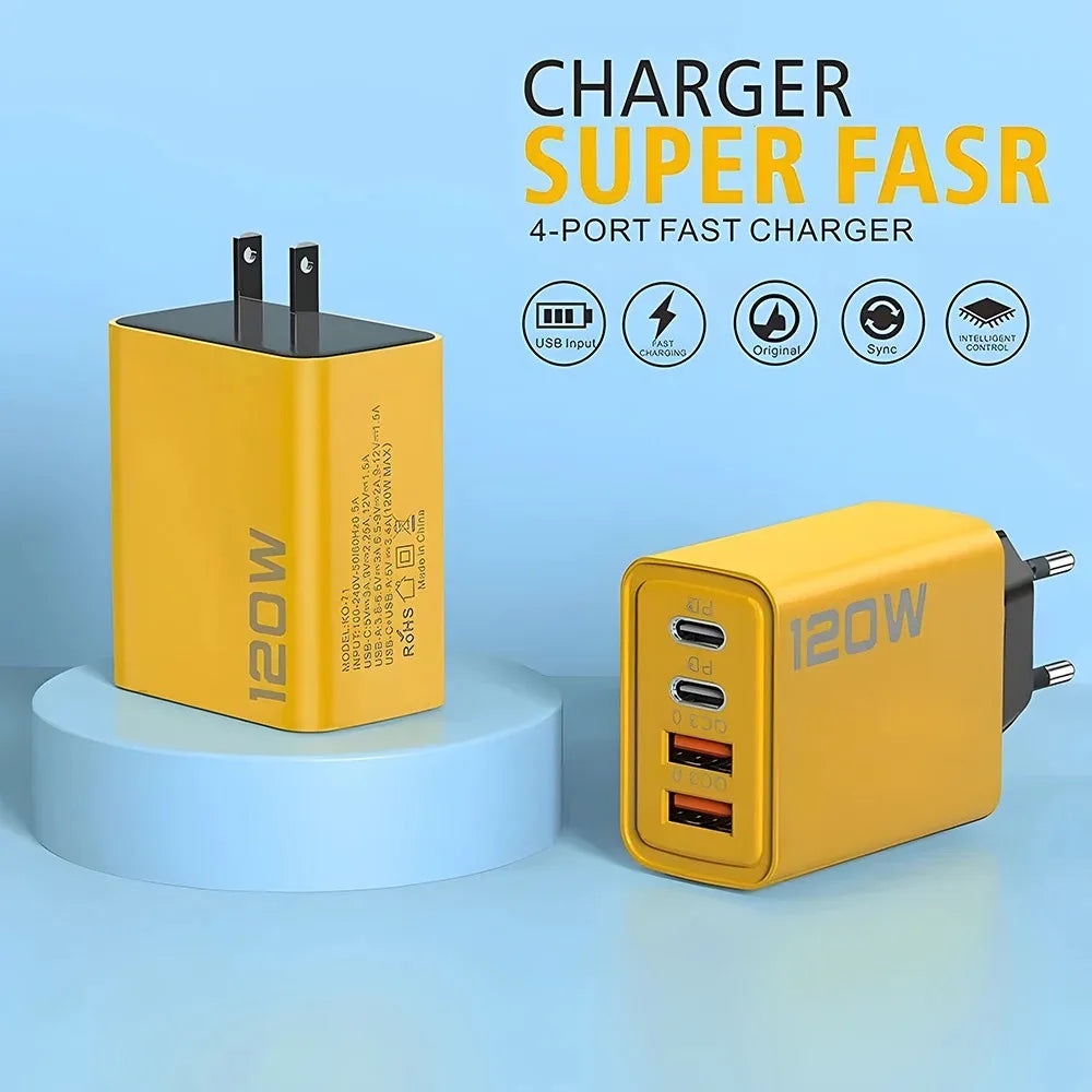 Total 120W USB Type C Charger - 4 Port Fast Charging USB Phone Charger Adapter