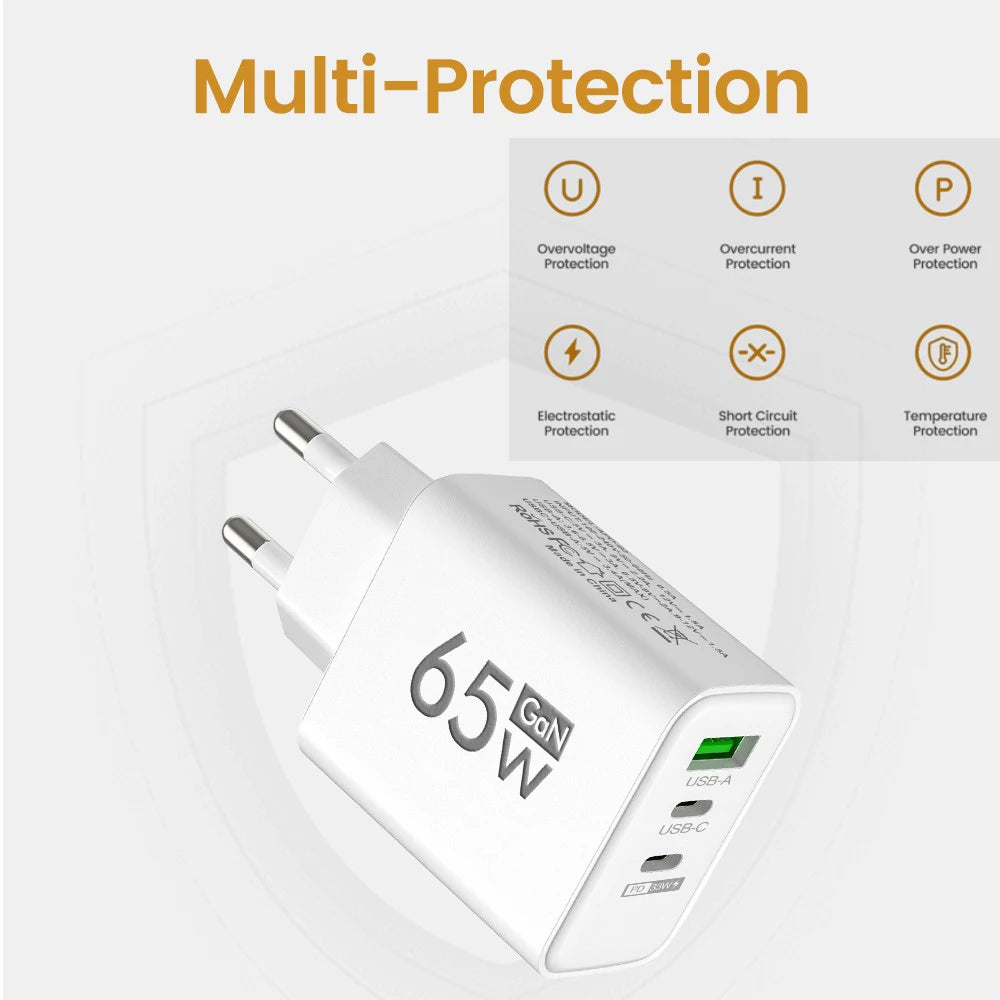 65W 3 Ports USB PD Charger - Type C Fast Charging Adaptor