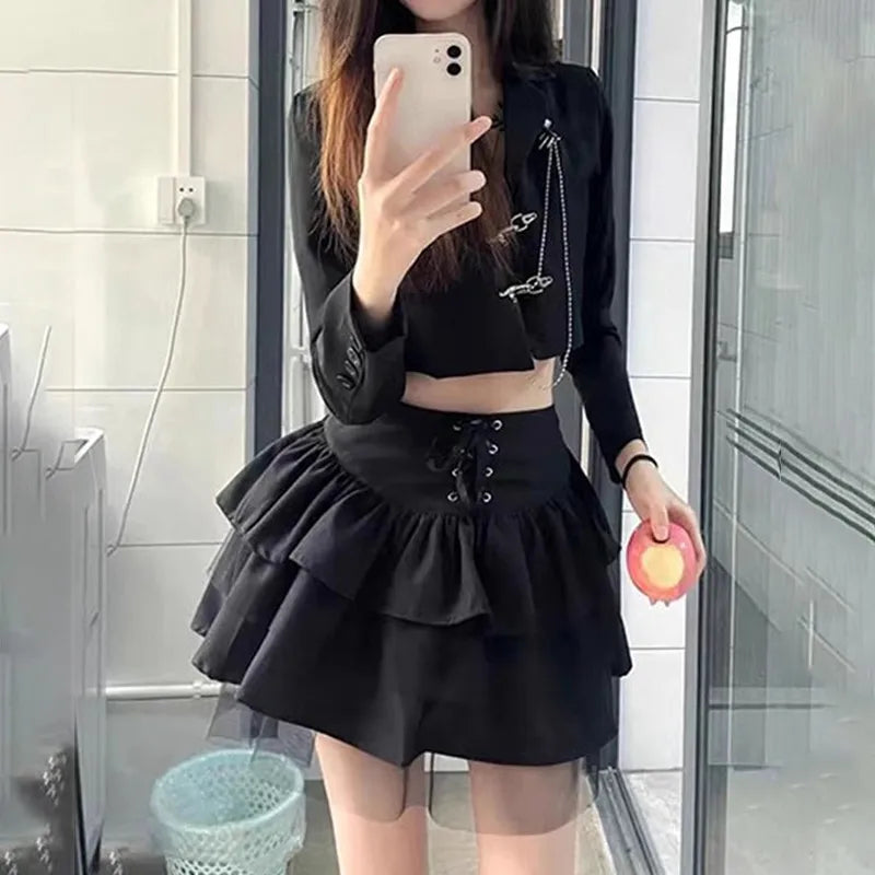 Y2K Multi-Layered Mesh Lace-Up Skirt