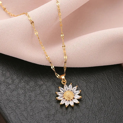 1PCS Gold-color Necklace Flower Pendant Inlaid Zirconia Titanium Steel Chain