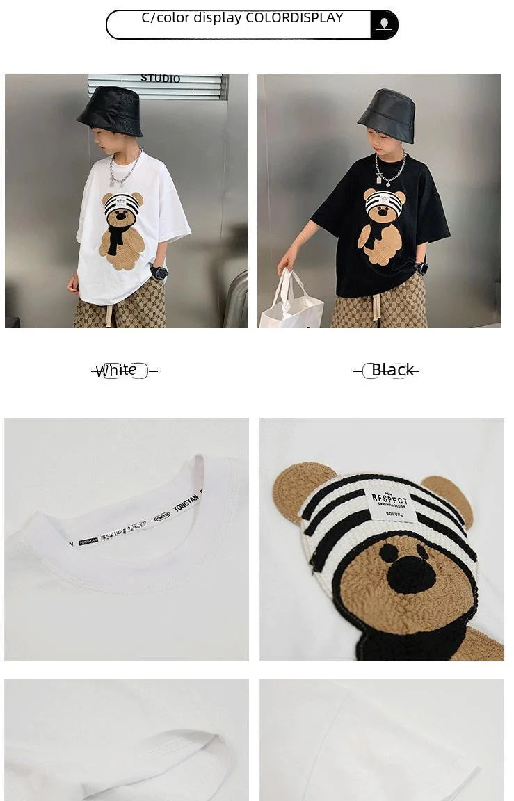 Baby Boy Cotton Embroidered Top with Brown Drawstring Pants