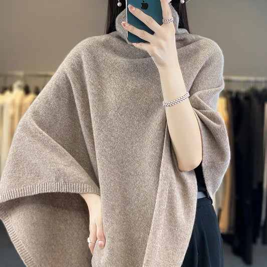 Elegant Wool Knit Shawl- Sleeveless High Neck Cape