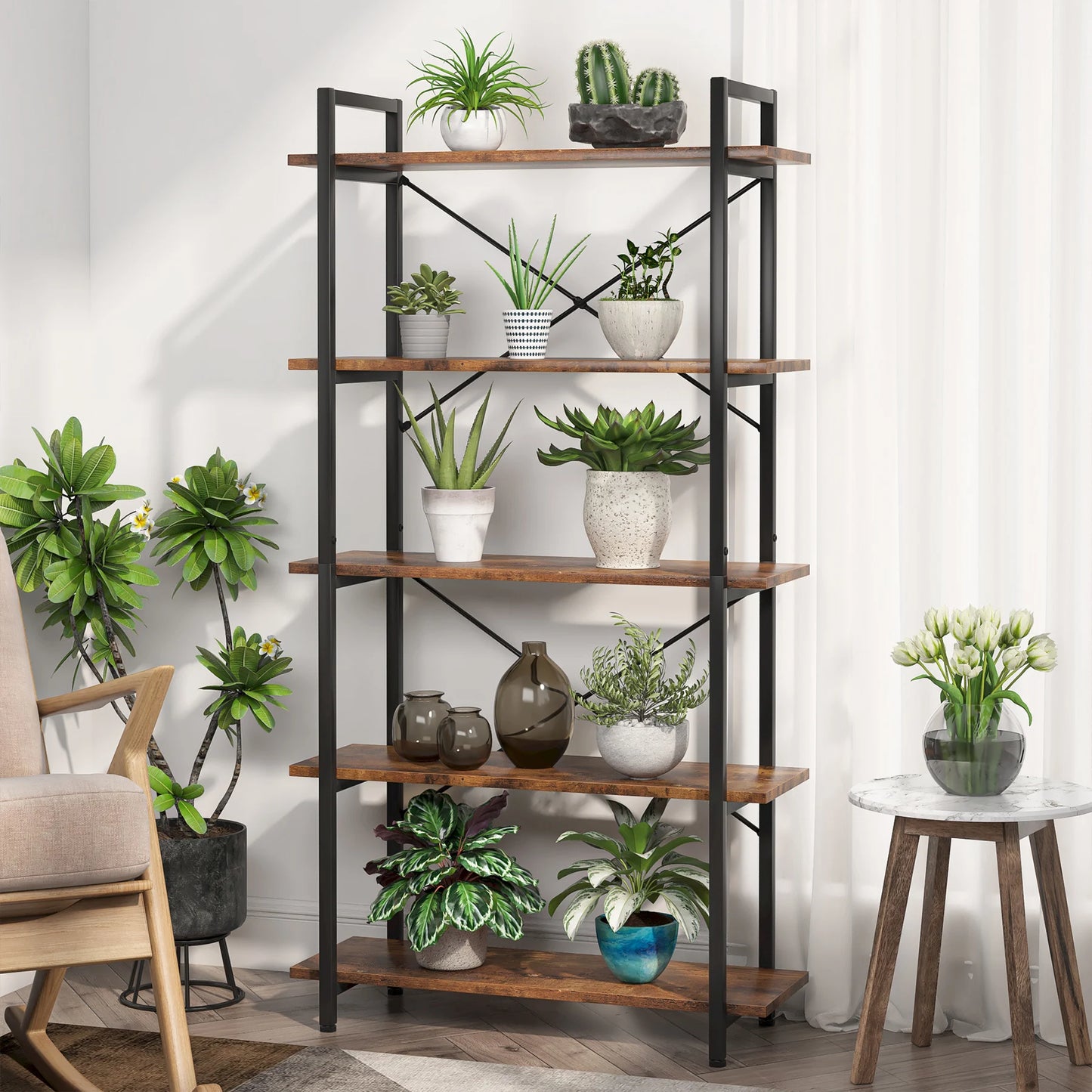 Metal Frame 5 Tier Etagere Bookcase - Rustic Tall Living Room Book Shelf  Unit