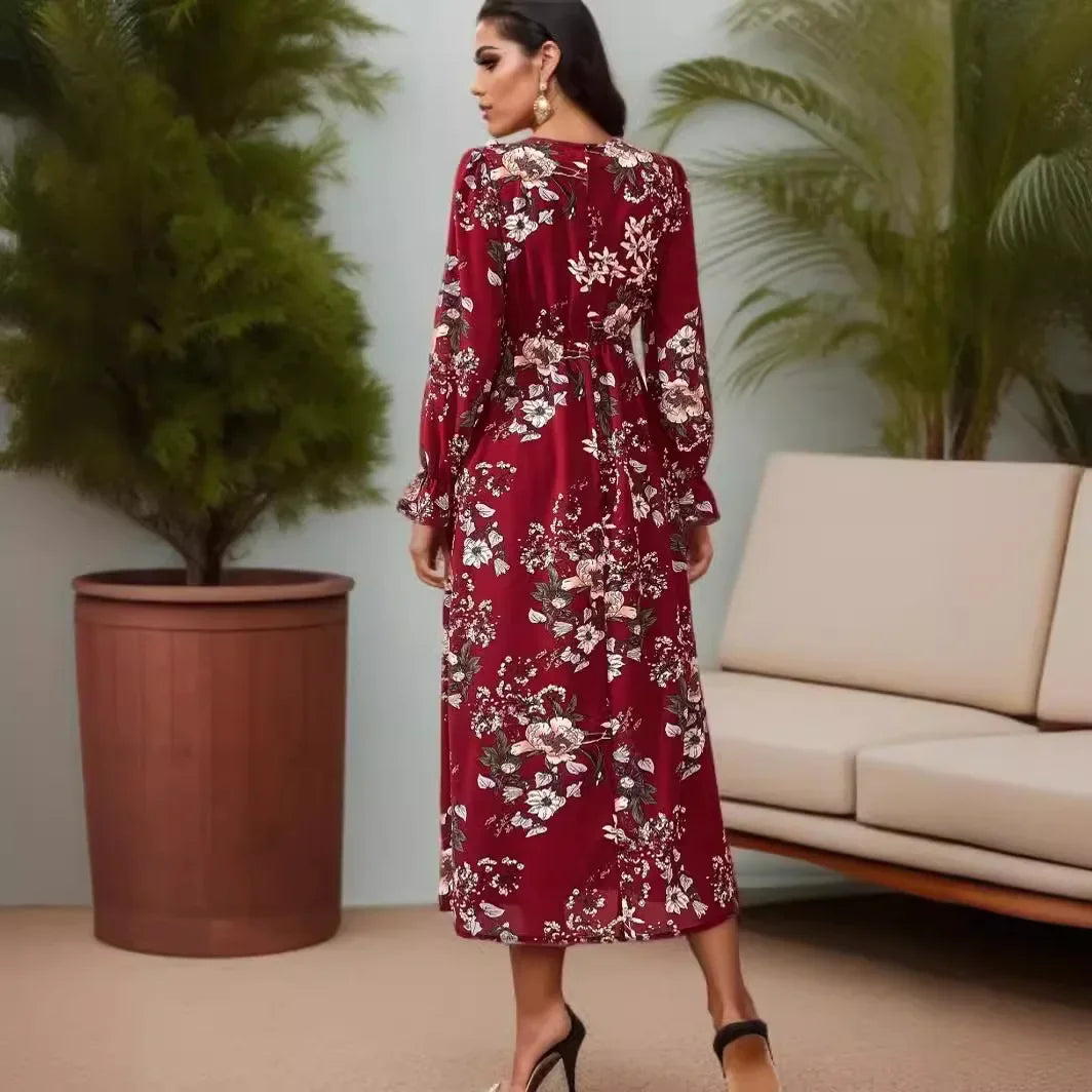 Women Maxi Dresses - Casual Full Sleeve Floral Printed O-neck Woman Bohe Beach Party Long Dress