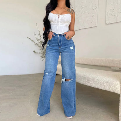 Buy High-Waist Knee-Ripped Straight Jeans Online