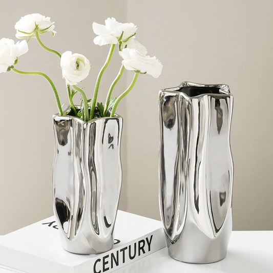 Exquisite Electroplated Silver CeramicInterior Decoration  Vase Set