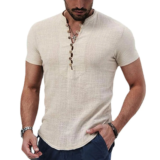 Men's Short Sleeve T Shirt - V neck Cotton Linen Tops