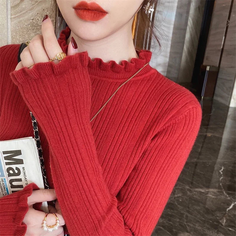 Long Sleeve Slim Elastic Knitted Women's Mock Neck Sweater
