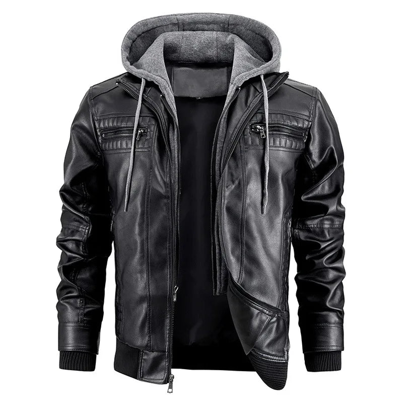 Slim Fit Motorradjacke aus Leder mit Kapuze