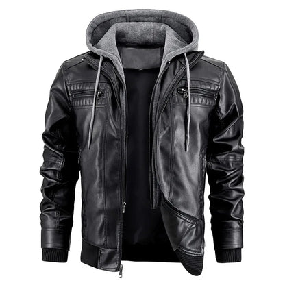 Veste de moto en cuir à capuche Slim Fit