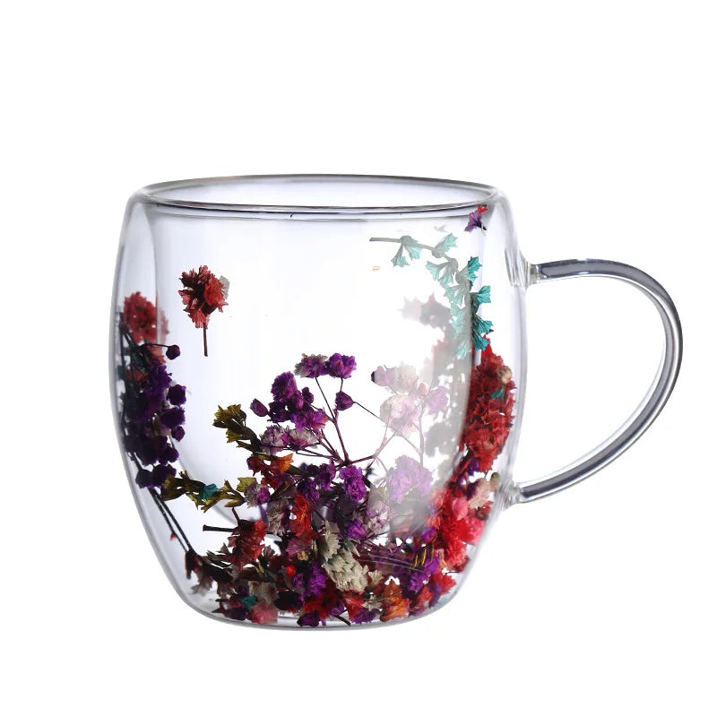 Tasse en verre double couche avec motif de vraies fleurs