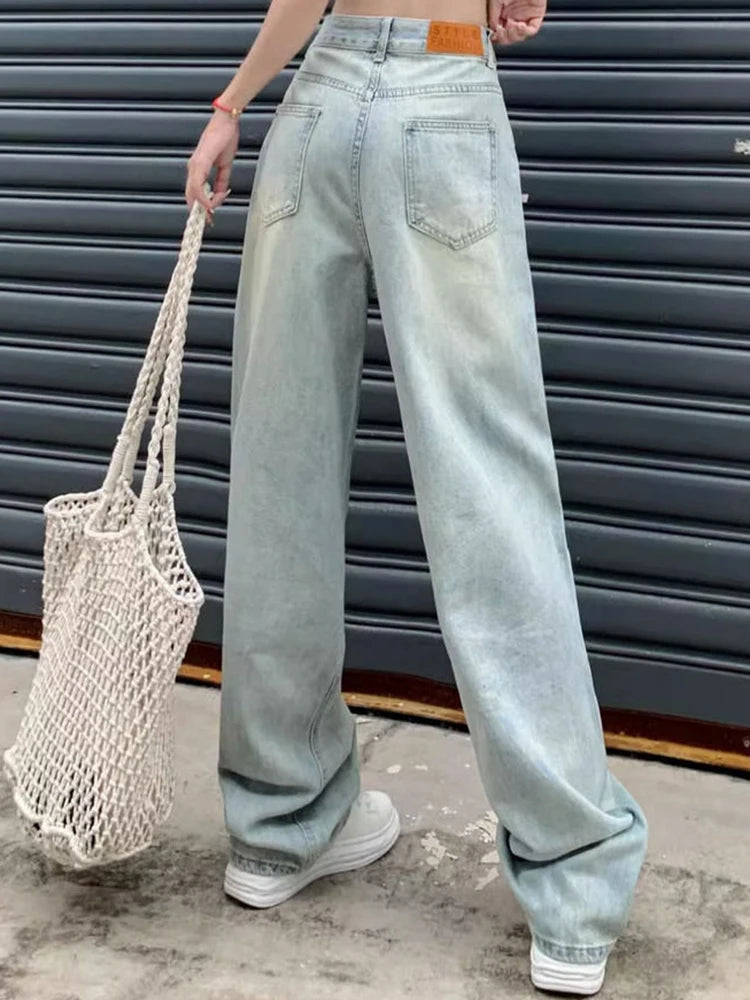 Vintage Washed High Waist Loose Straight Leg Jeans