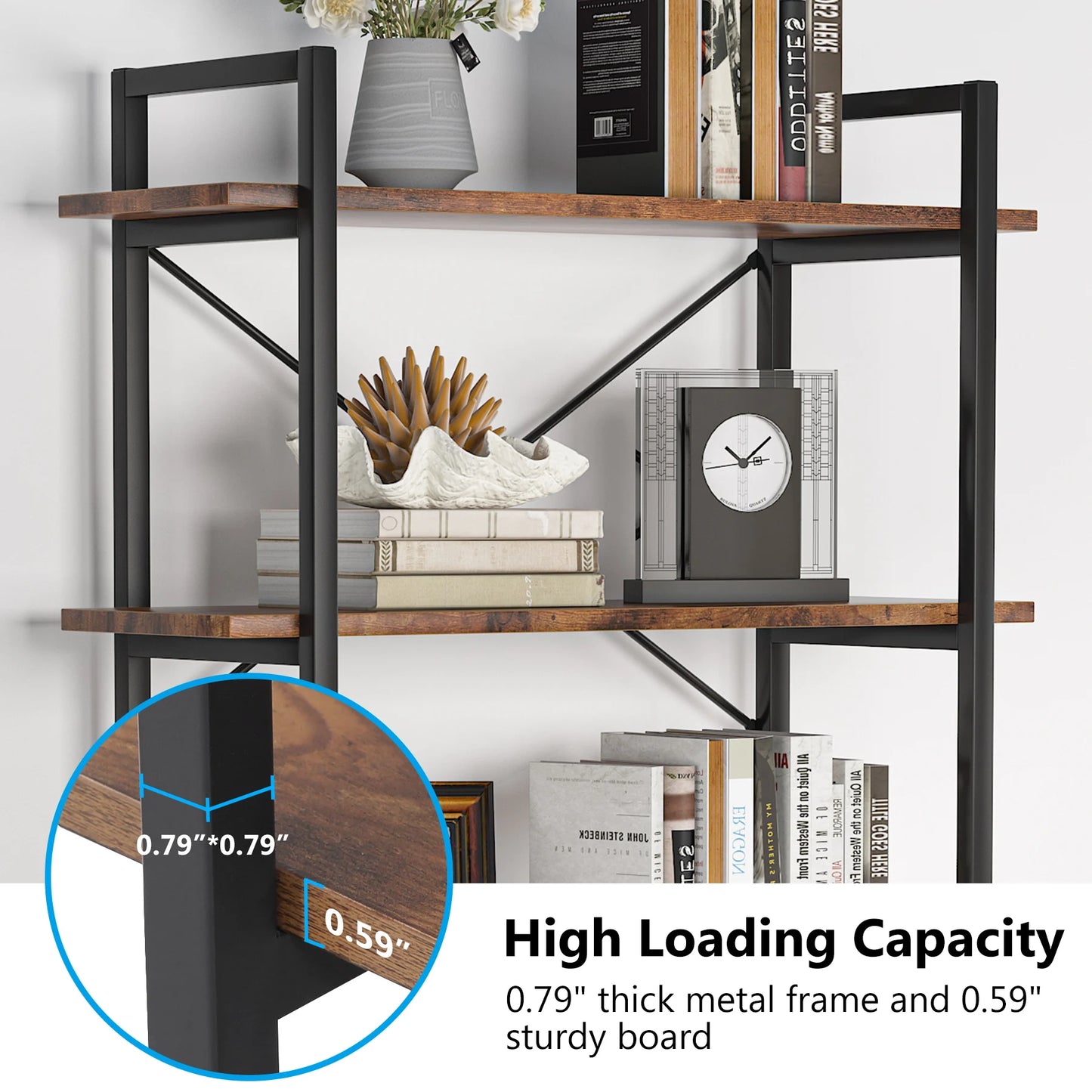 Metal Frame 5 Tier Etagere Bookcase - Rustic Tall Living Room Book Shelf  Unit