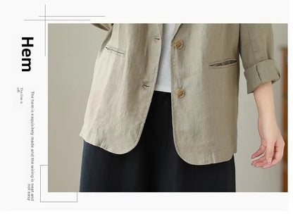 Blazer d'été à manches longues en coton et lin d'inspiration vintage avec col à revers