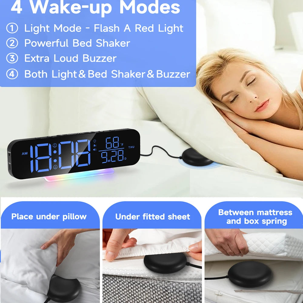 Super Loud Vibrating Alarm Clock with Bed Shaker & RGB LED Night Light