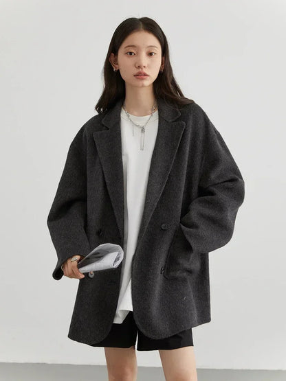 Loose Double-Breasted Woolen Coat for Women