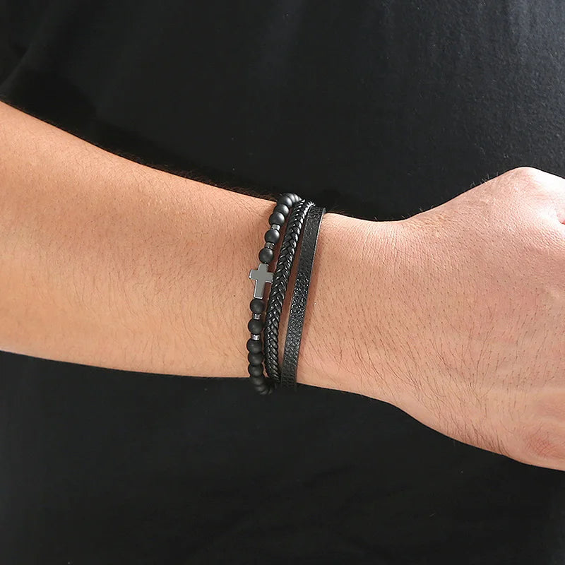 Bracelet en cuir pour hommes en acier inoxydable multicouche