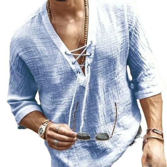 Men's Solid Color Chest Lace up V Neck Short Sleeved  T Shirt