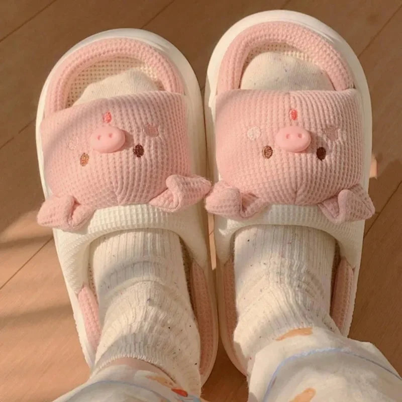 New Pink Piggy Pattern Linen Slippers