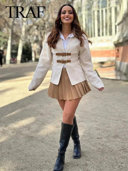 Veste en cuir et laine – Manteau élégant à simple boutonnage