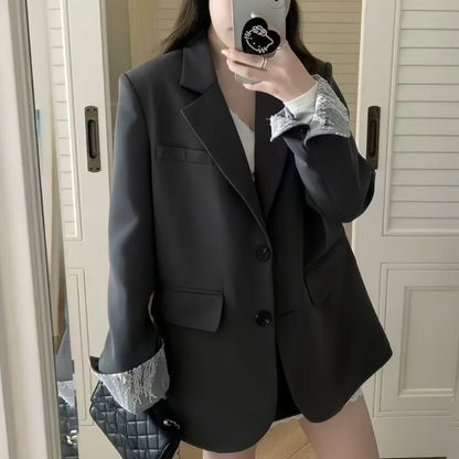 Blazer patchwork en dentelle à manches longues pour femme