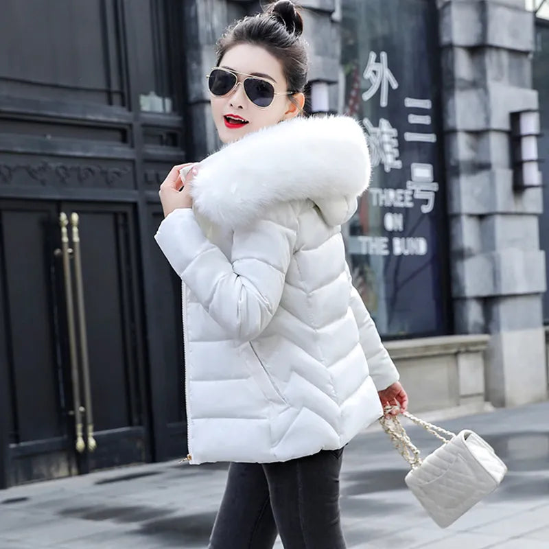 Stylish Black and White Women Winter Jacket with Big Fur Hood