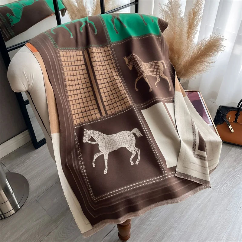 Luxury Cashmere Poncho- Horse Print Winter Wrap for Women