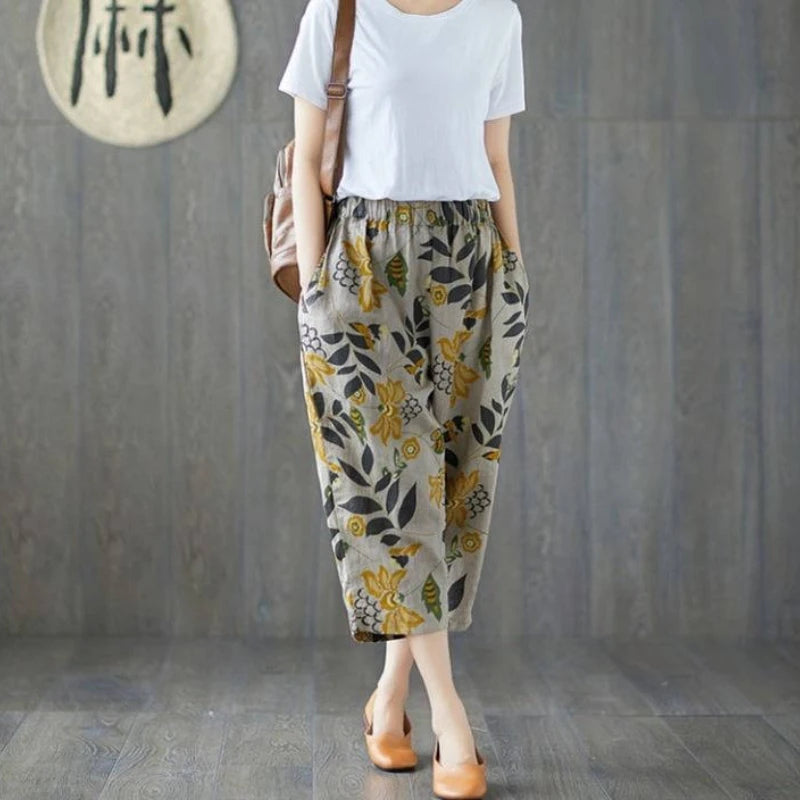 Retro Print Cotton Linen Harem Pants for Summer