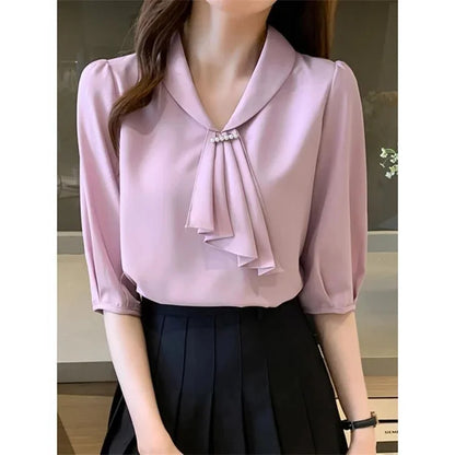 Women's Short Sleeve Bow Tie Chiffon Office Blouses