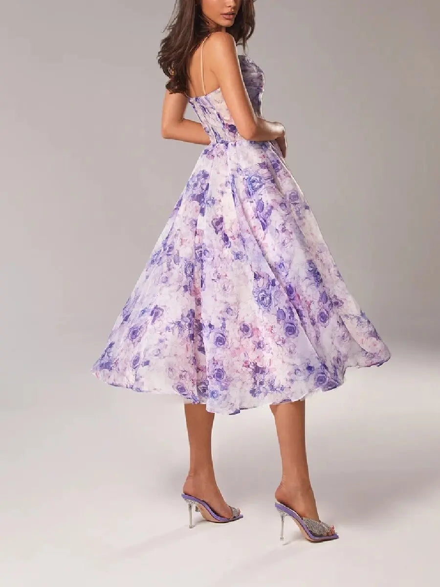 Elegant Floral Chiffon A-line Tea Dress